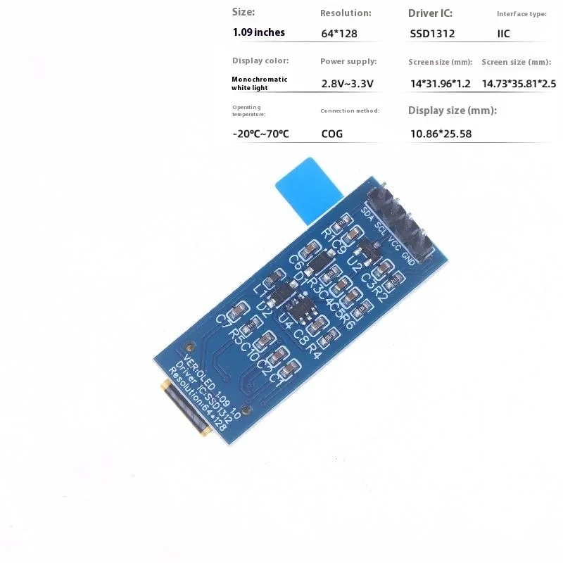 1.09 Inch OLED Display Module 128x64 SSD1312 I2C 4 Pin Interface For Arduino Raspberry Pi Low Power Wide View