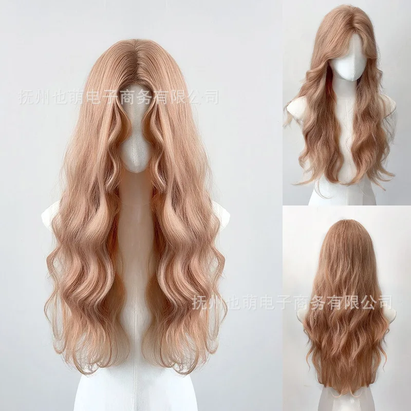 Women's long hair wig, summer thin style, middle parting, water wave pattern, wool curls, long curly hair, natural-looking synth