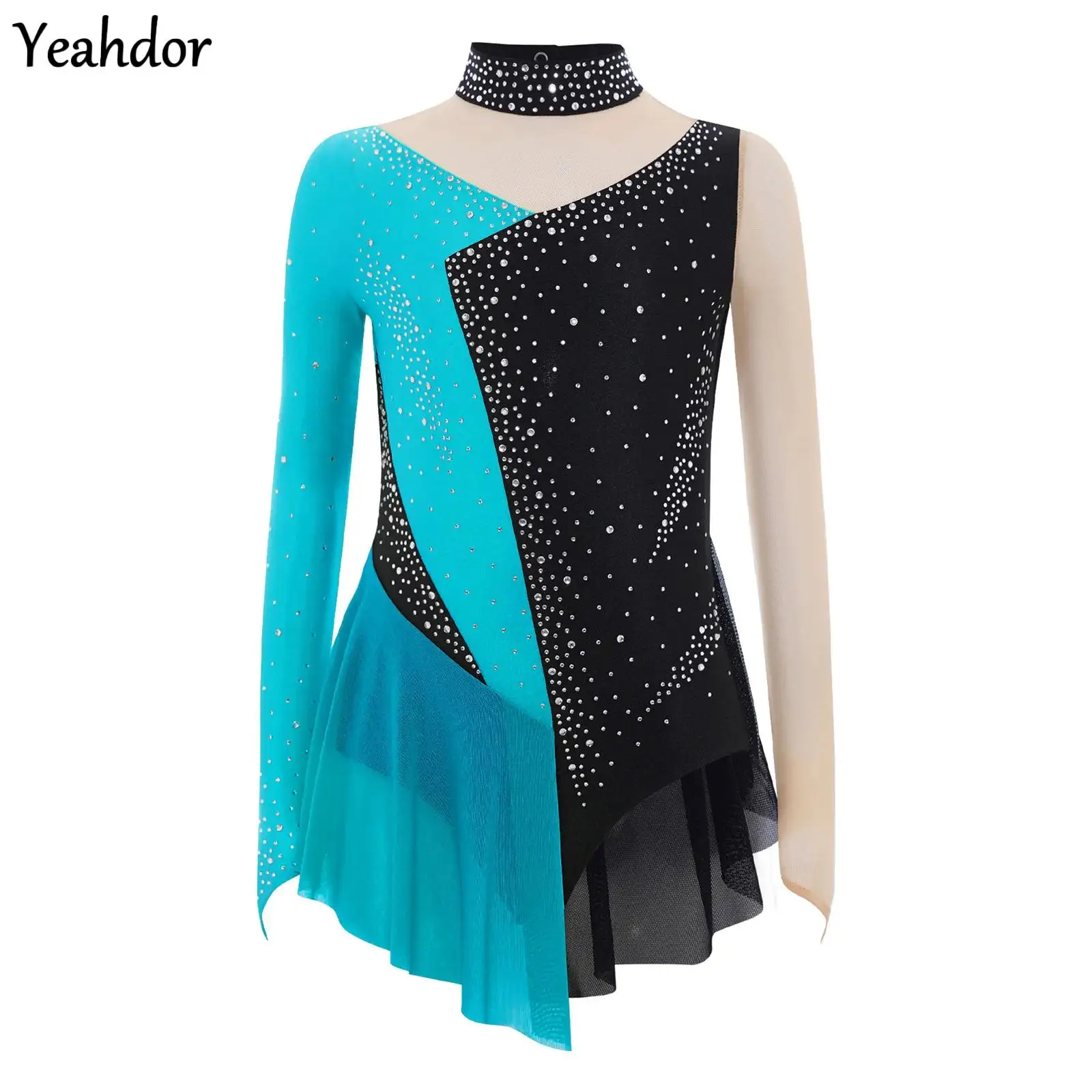 

Kids Girls Rhinestone Ballet Jersey Figure Skating Leotard Dress Long Sleeve Sheer Mesh Rhythmic Gymnastics Dance Bodysuit wear