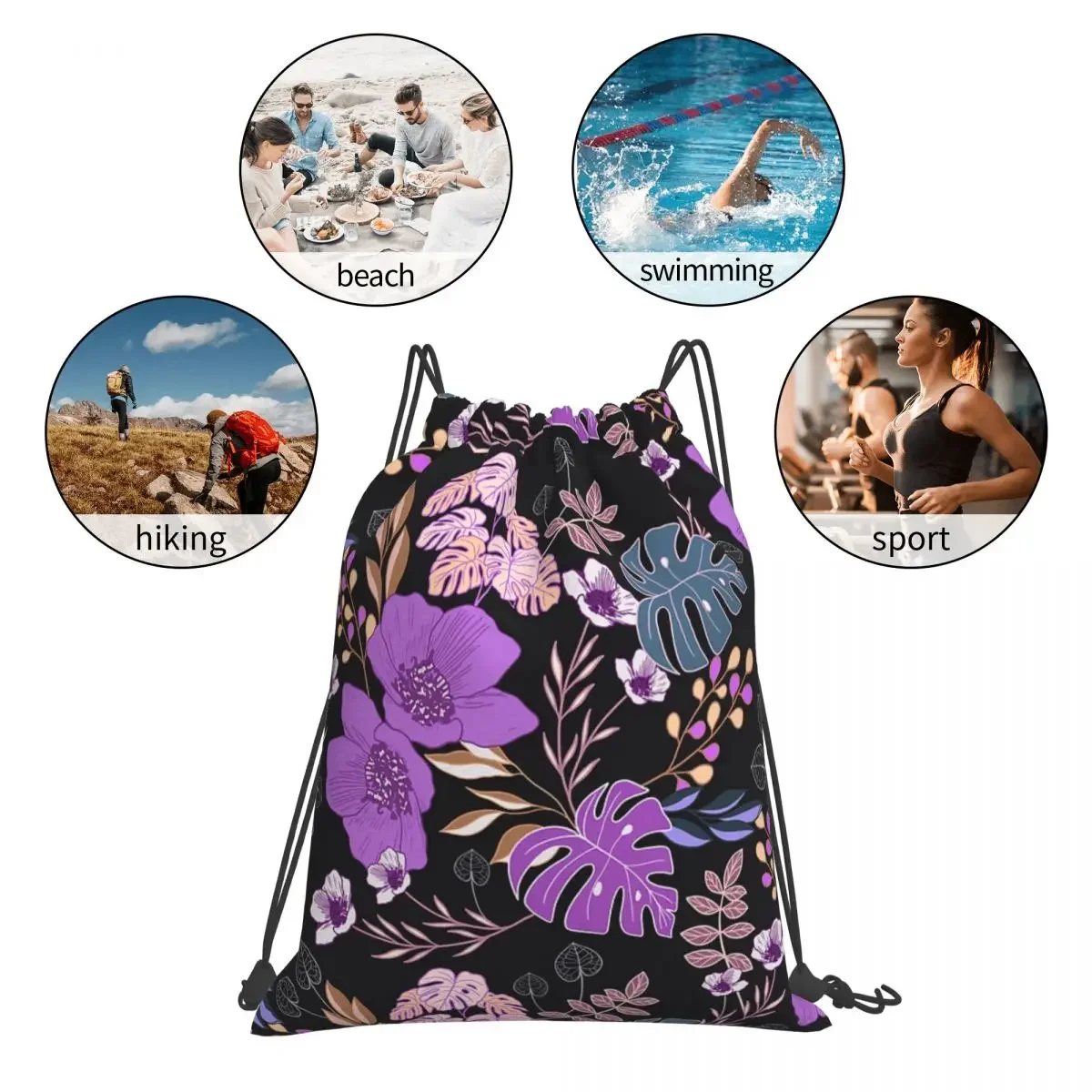 Spring Batik Floral - Black Backpacks Portable Drawstring Bags Drawstring Bundle Pocket Sports Bag BookBag For Travel Students