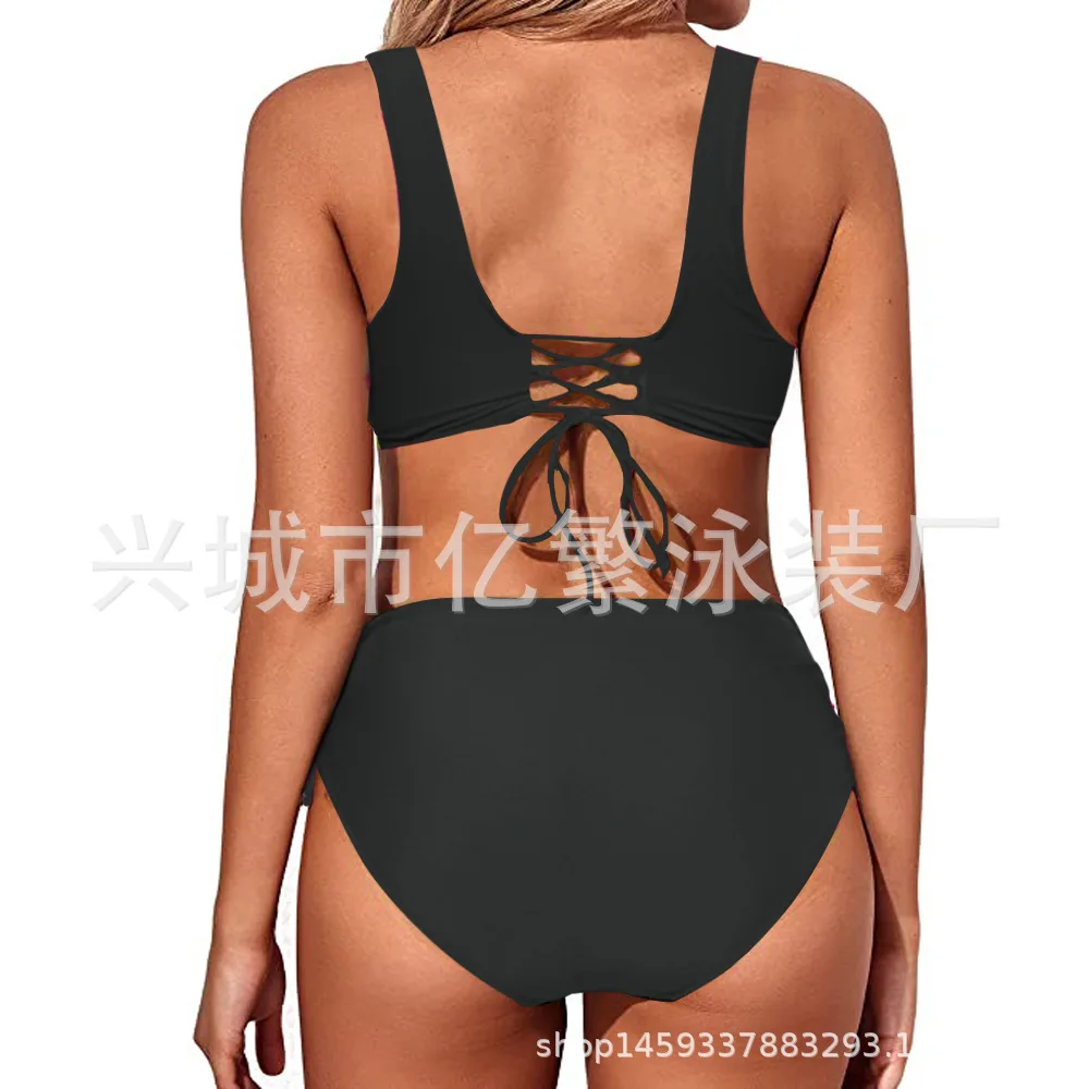 Split bikini solid color cross strap high waist solid color swimsuit European and American sexy swimsuit