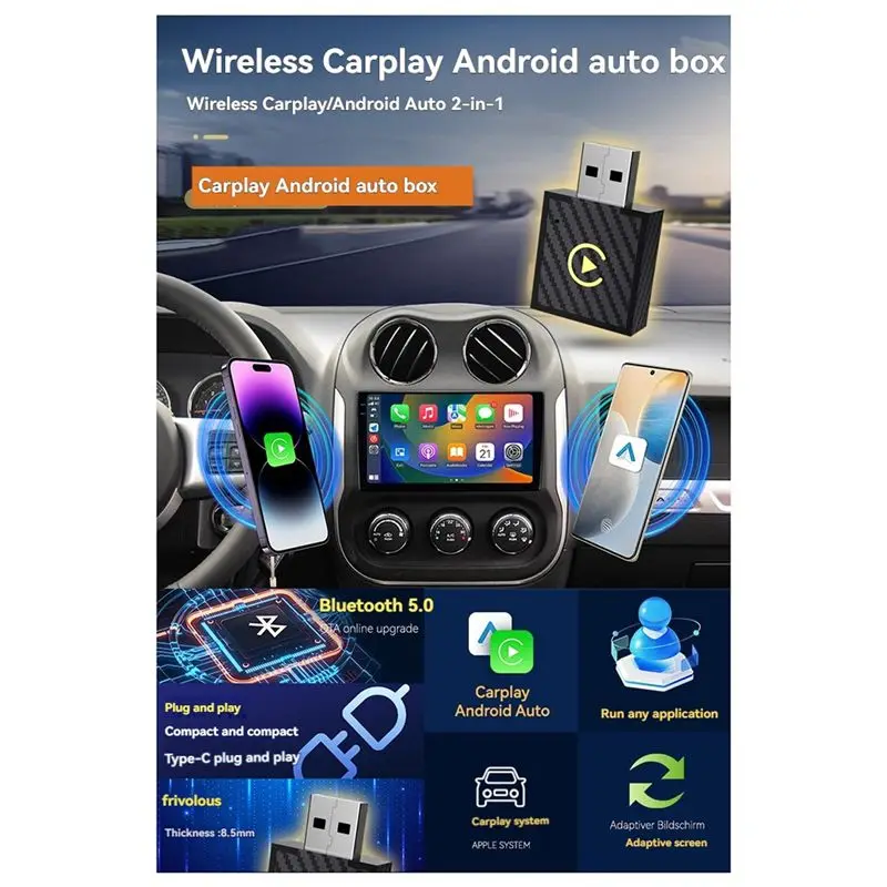 Reliable-2 In 1 Wireless Carplay Android Auto Adapter Smart AI Box Car Dongle BT Wifi Plug&Play For Wired Carplay/Andriod Auto