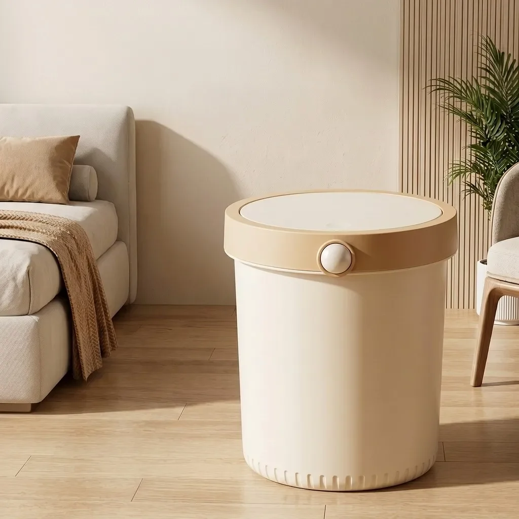 Durable Plastic Trash Can with Lid Push Button Round Wastebasket Hidden Bag Garbage Bin for Bathroom Kitchen Bedroom Office Desk