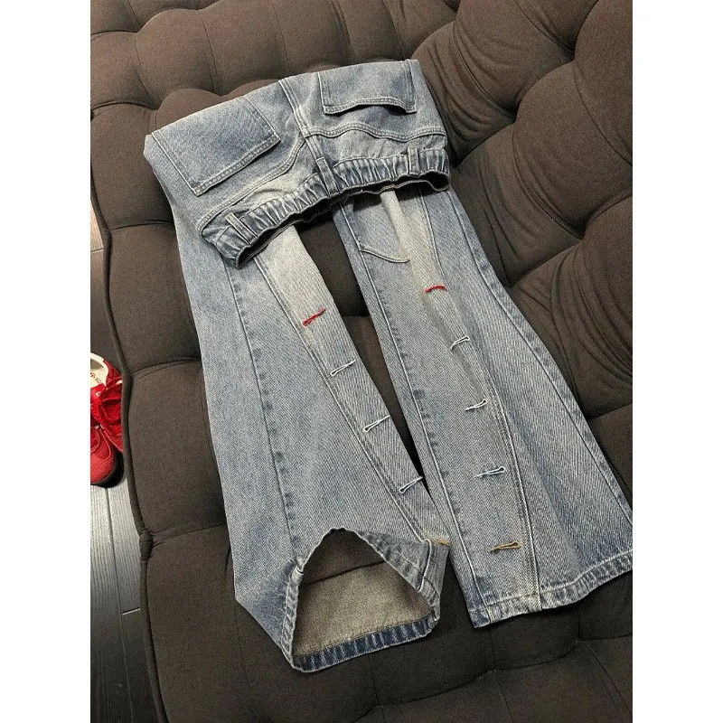 Cleanfit Blue Washed Embroidered Slant Cut Jeans Men's American High Street Knife Straight Micro Flared Pants Casual Cotton