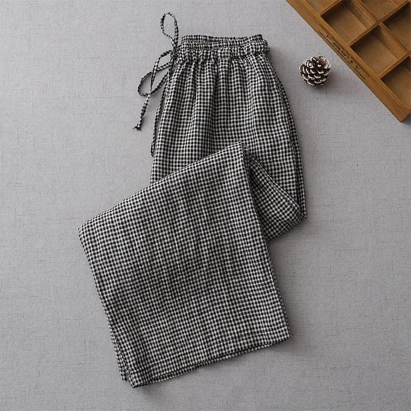 Flax Wide Leg Pants Women Clothing Fashion Loose Plaid Elastic Waist Pants Summer All-match Plaid Lacing Loose Waist Trousers