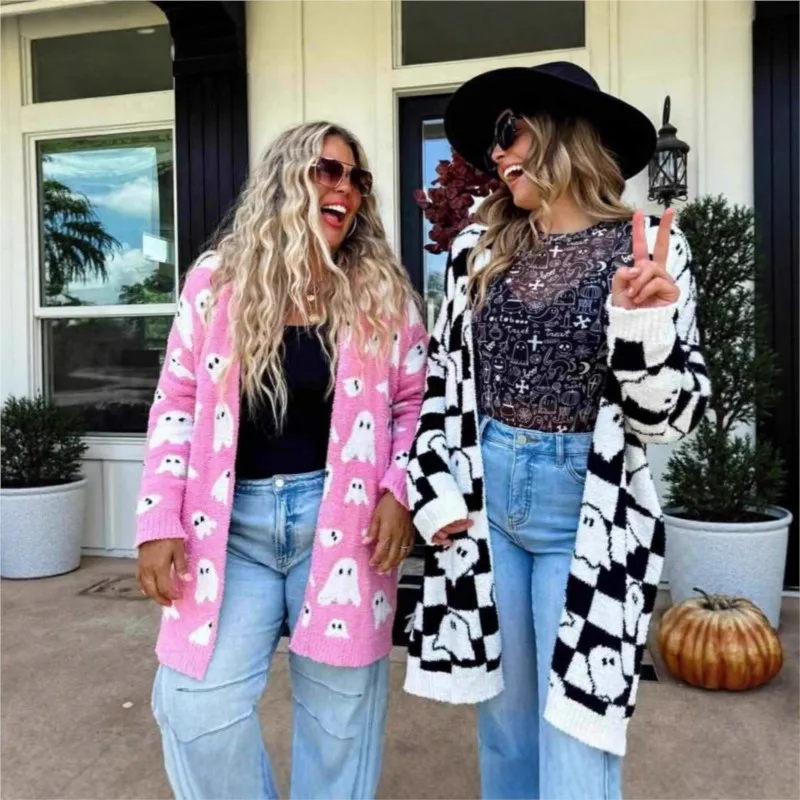 ハロウィンクリスマスゴーストパターンニットカーディガン女性の秋冬の新ファッション長袖ルーズセータージャケット女性のための