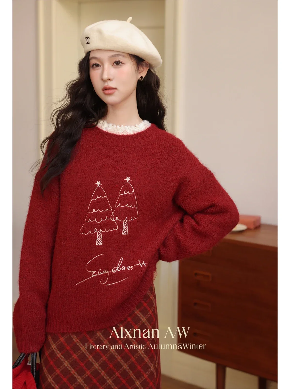 ALXNAN Women Red Warm Sweaters Gentle O-neck Christmas Tree Letter Embroidery Long Sleeve Jumper Winter Holiday Knit Tops L52583