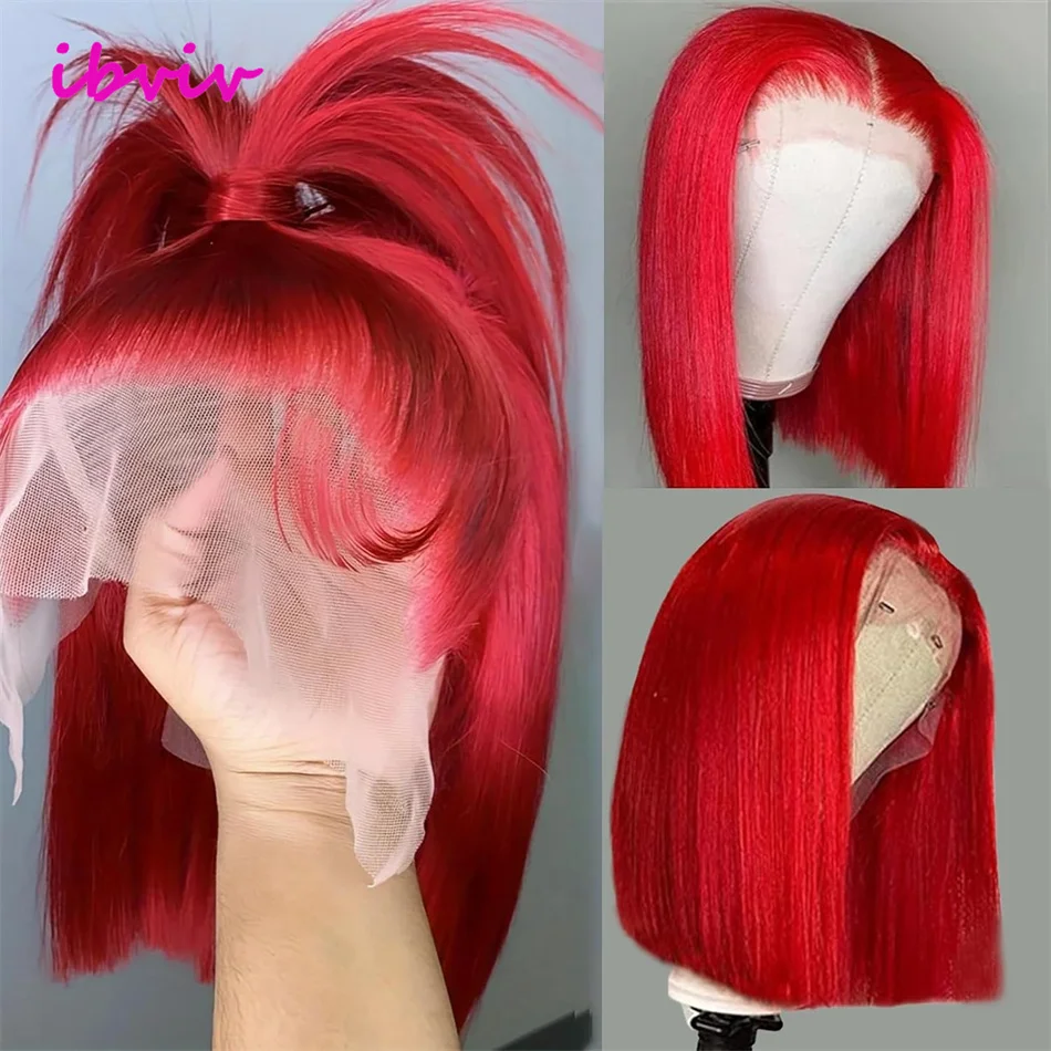 赤いボブウィッグ人毛13x4 HD透明ボブレースフロントウィッグ人毛装着簡単グルレスウィッグ人毛プレプラッキング済みウィッグ