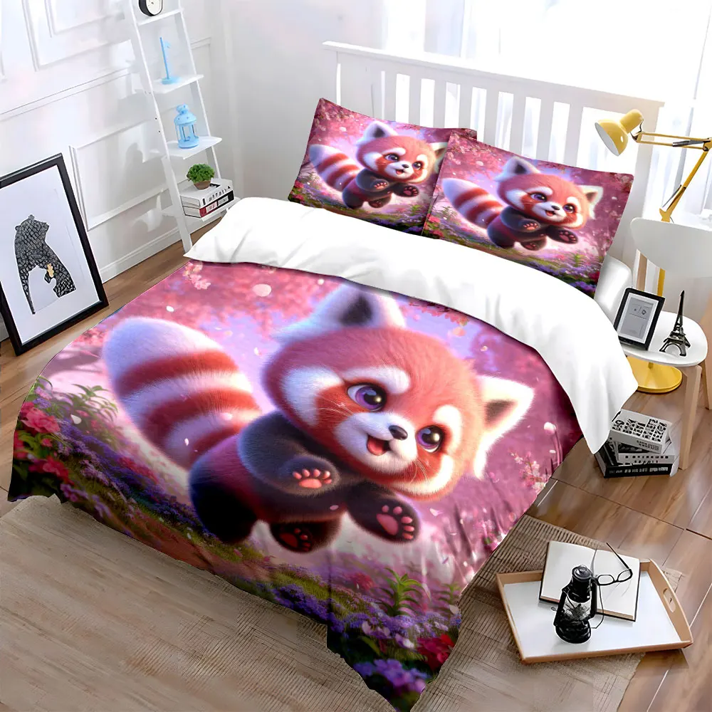 Adorable red panda under cherry blossoms Printed Duvet Cover Set1 Duvet Cover+2 PillowcaseMulti Size Bedroom Bedding Decor