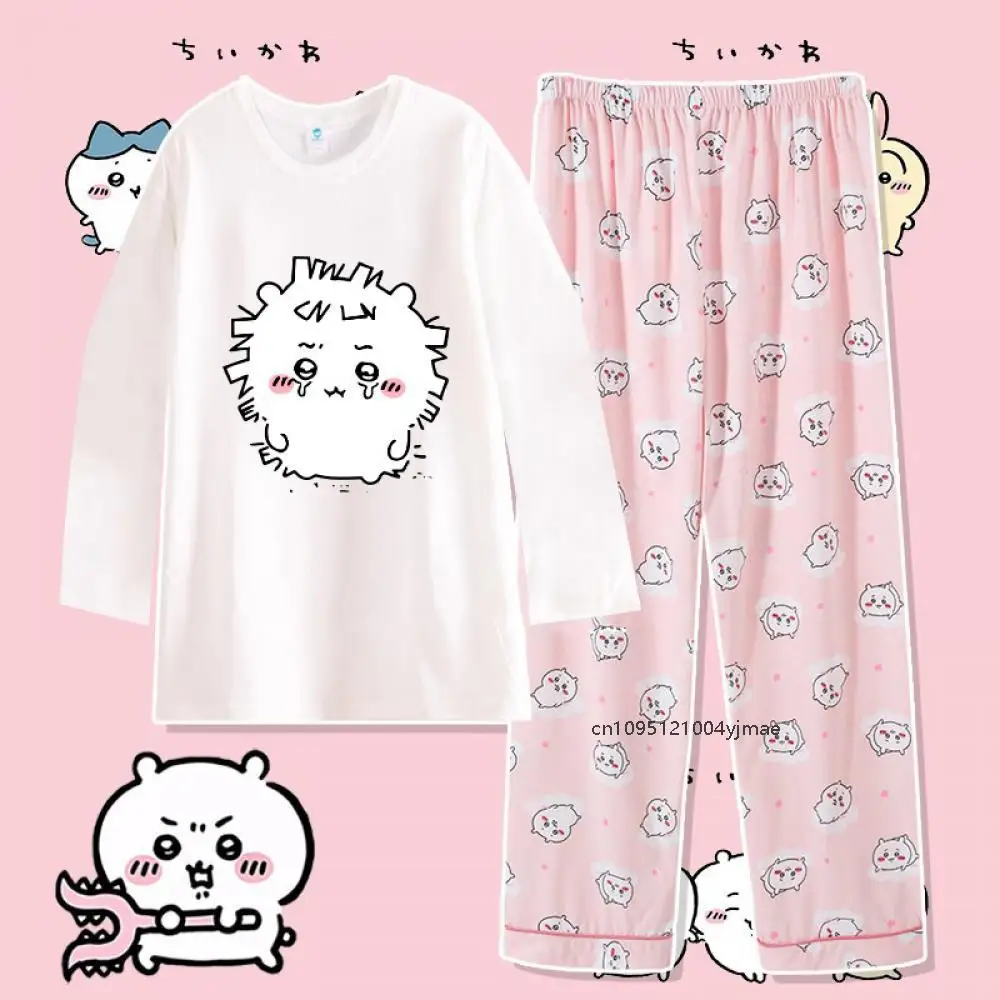 2Pcs Chiikawa Pajamas Summer Cartoon Girl Cotton Japanese Style Round Neck Short Sleeve Pants Loose Cartoon Casual Home Clothes