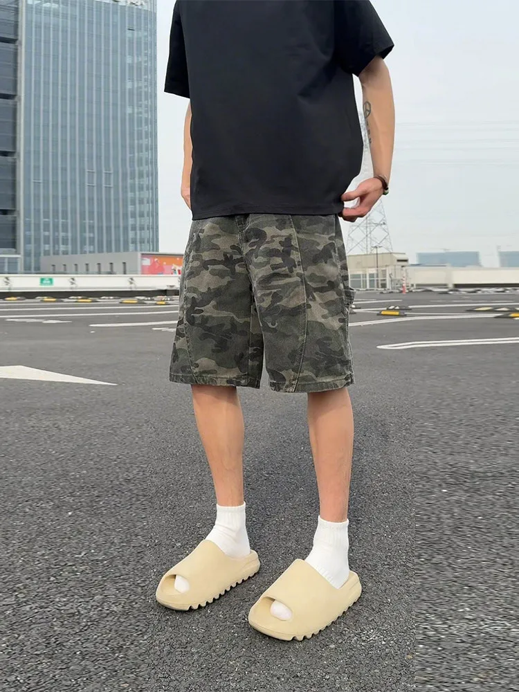 American High Street Camouflage Denim Shorts Men's Summer Workwear Trendy Brand Cool Street Style Washed out Mid-Length Pants