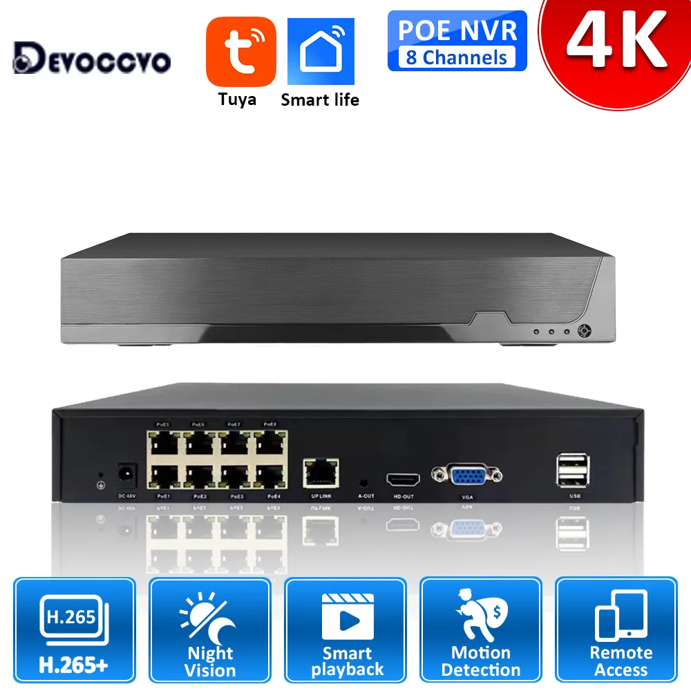 8MP H.265 Tuya POE NVR Video Recorder 8CH Smart Life Human Detection 4K CCTV Network Security Surveillance Recorder 4CH P2P