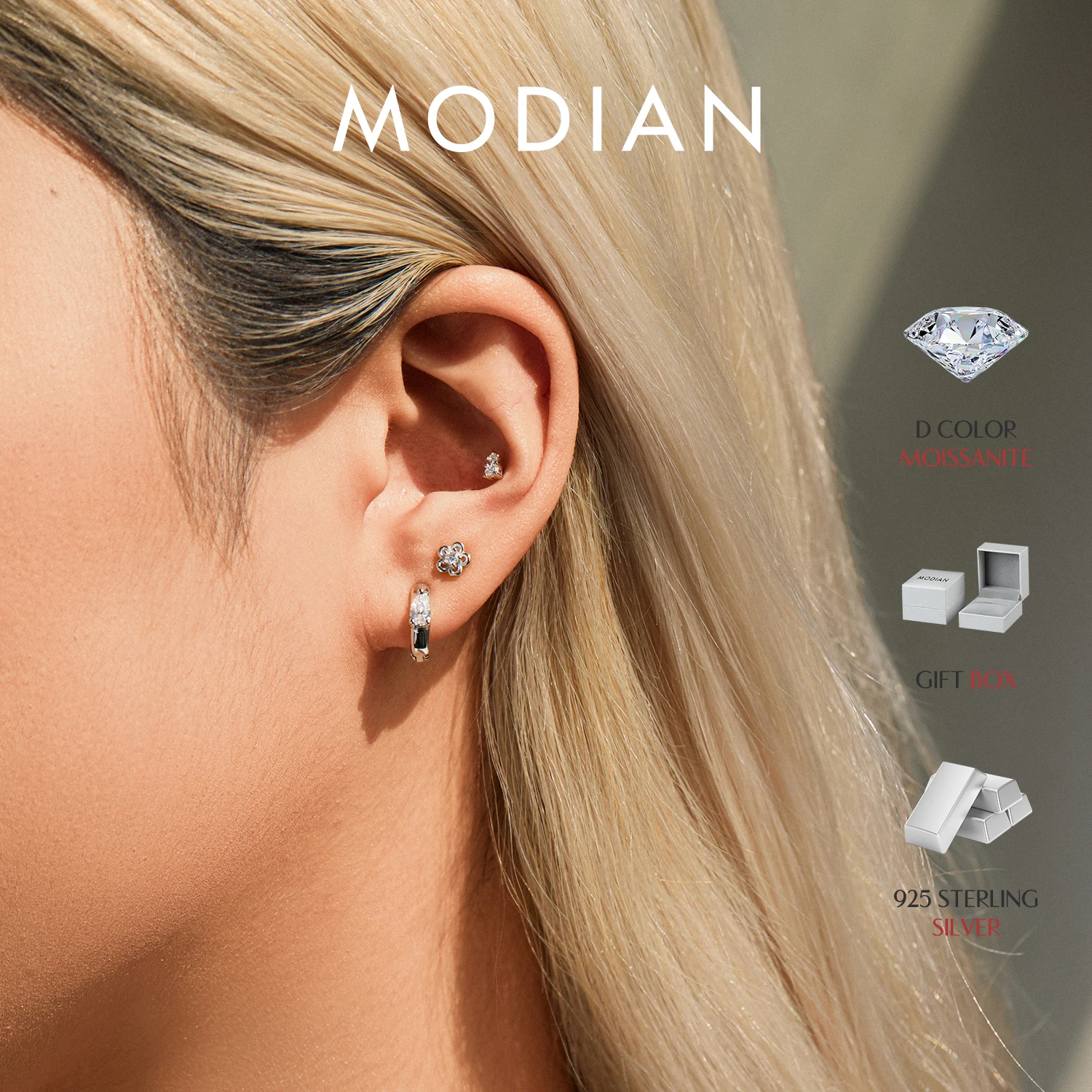 MODIAN Moissanite Helix Earrings 925 Sterling Daily Ear Studs Sweet Flower Heart Screw Stud Earrings For Women Fine Jewelry