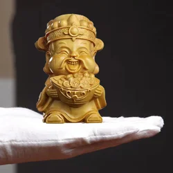 Natural Wooden God Of Wealth Figurine Solid Wood Carving Chinese Fortune Figure Ornaments Cute Home Room Office Accessories