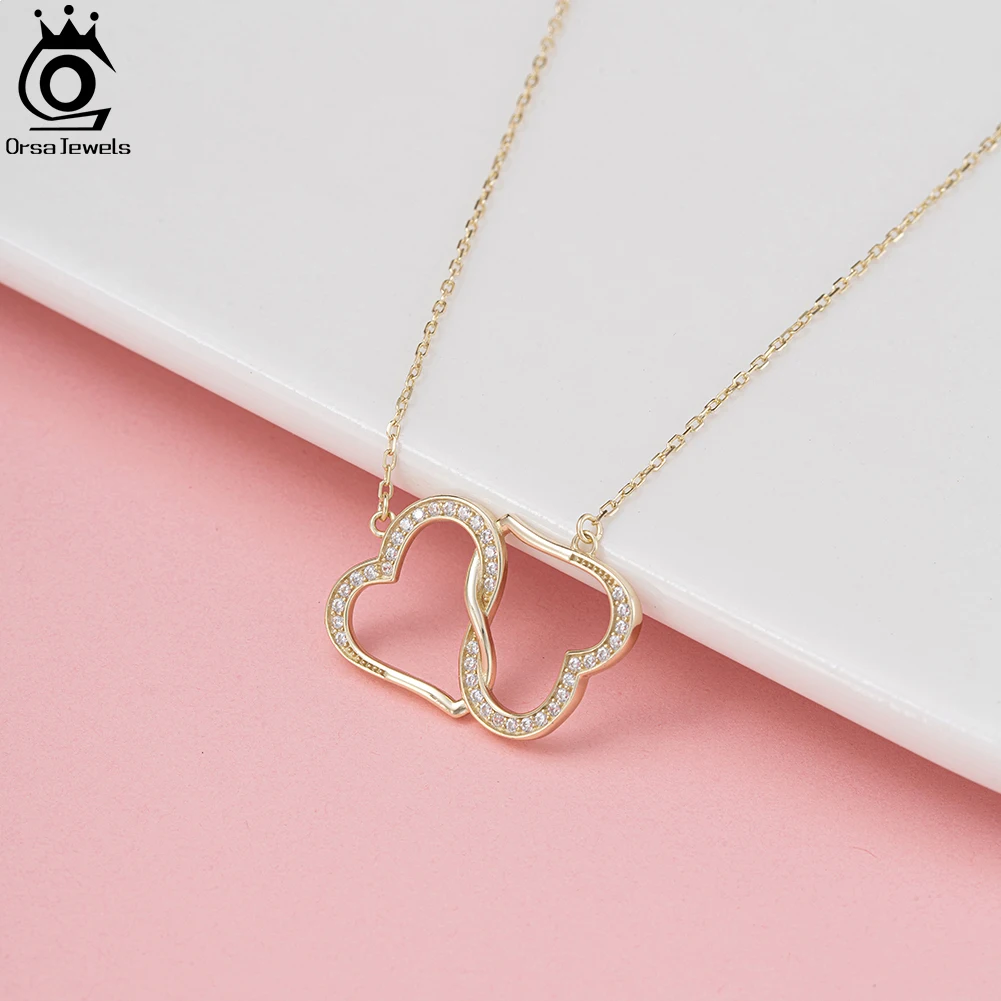 ORSA JEWELS 925 Sterling Silver Sparkling Double Heart Pendant Necklace Clavicle Chain for Women Valentine's Day Gift Jewelry