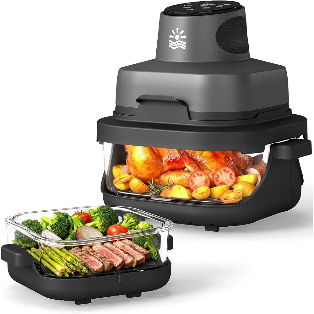 

1500W Dual-Bowl Glass Airfryer: 4.2QT & 6CUP, 4 Cooking Modes, Digital Display, Dishwasher Safe, Ideal for Small Spaces