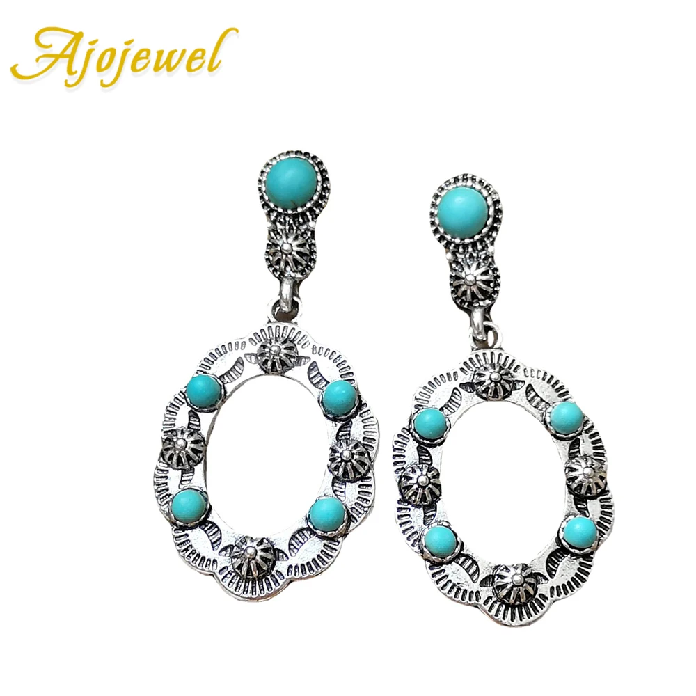 

Ajojewel Vintage Round Earrings Woman Blue Stone Ladies Jewelry Antique Silver-color