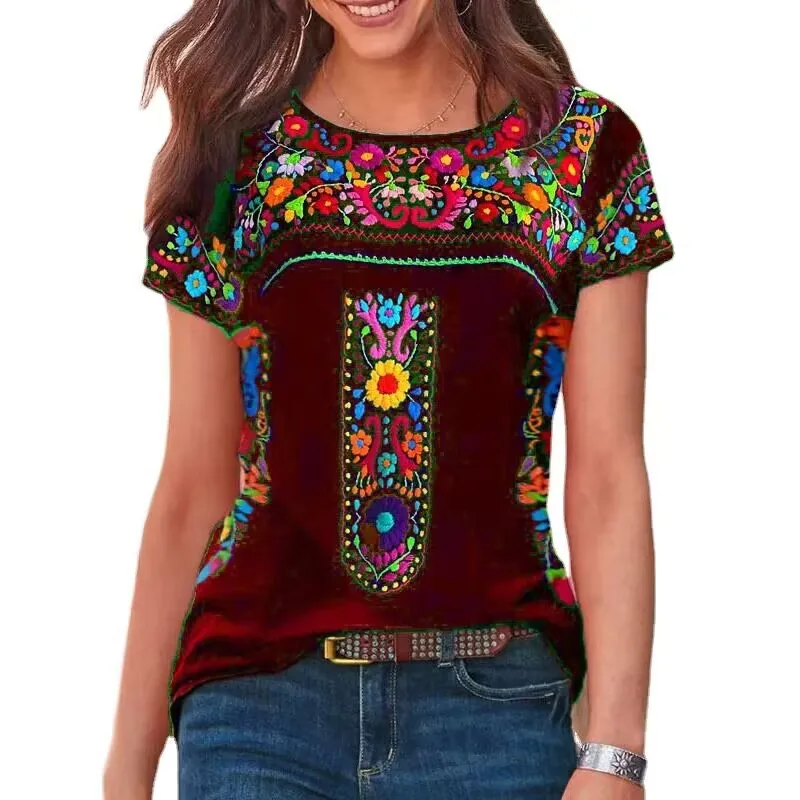 Camiseta Mexicana Bordada para Mujer, Blusa Tradicional de Manga Corta con Bordado Floral, Blusa Informal Étnica Bohemia para Verano