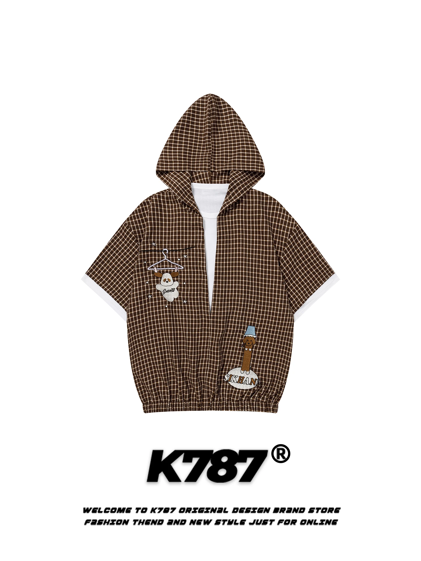

K787 American Retro Plaid Design ort Sve T-irt Hooded Fake irt Jaet for Men And Women Dog Embroidery Casual Sle