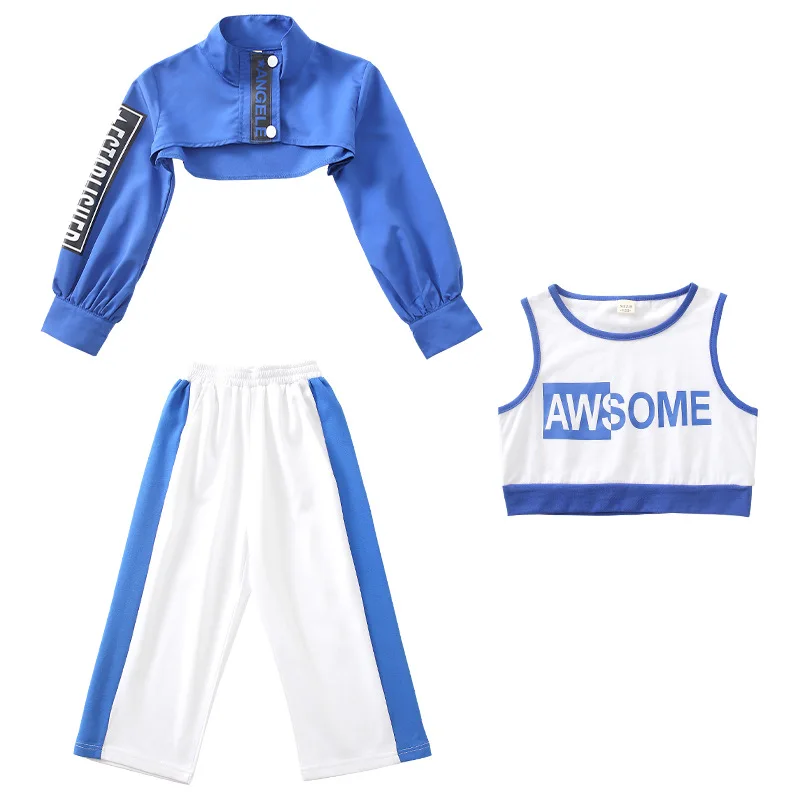 2023 New Jazz Dance Costume Girls Hip Hop Clothes Long Sleeves Crop Tops Suit White Pants Kids Kpop Performance Outfits BL11475