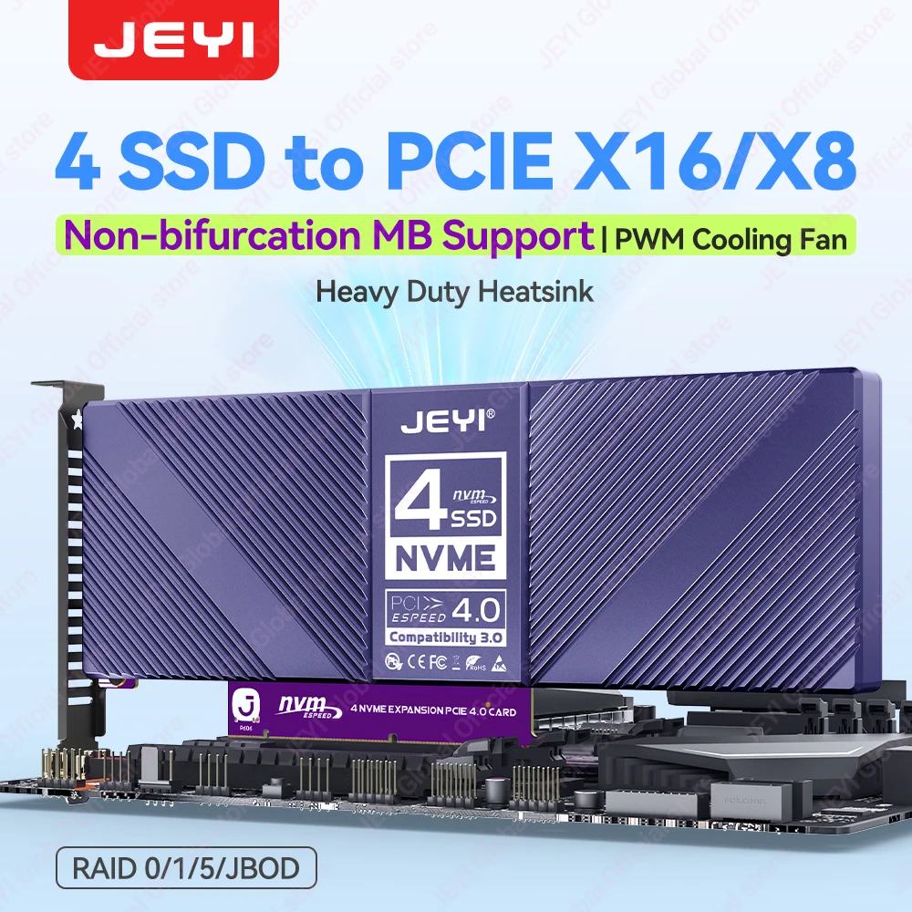 JEYI 4*NVMe SSD to PCIE Adapter Non-bifurcation Motherboard Support RAID 0 1 5 JBOD Max 128Gbps PCIe X8/X16 Port with PWM Fan