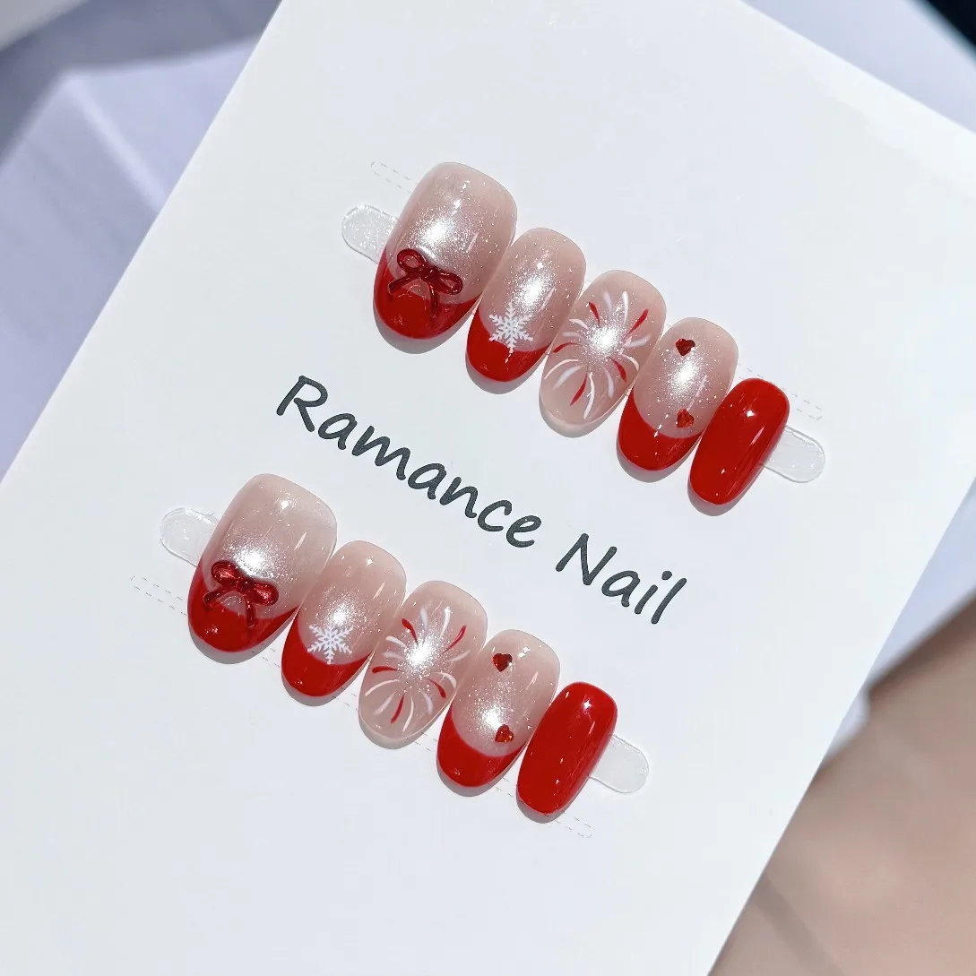 10 Stück handgemachte rote französische Nägel zum Aufdrücken, Weihnachten, Katzenauge, künstliche Nägel, tragbar, europäischer Winter, Glitzer, Diamant-Dekor, künstliche Nägel