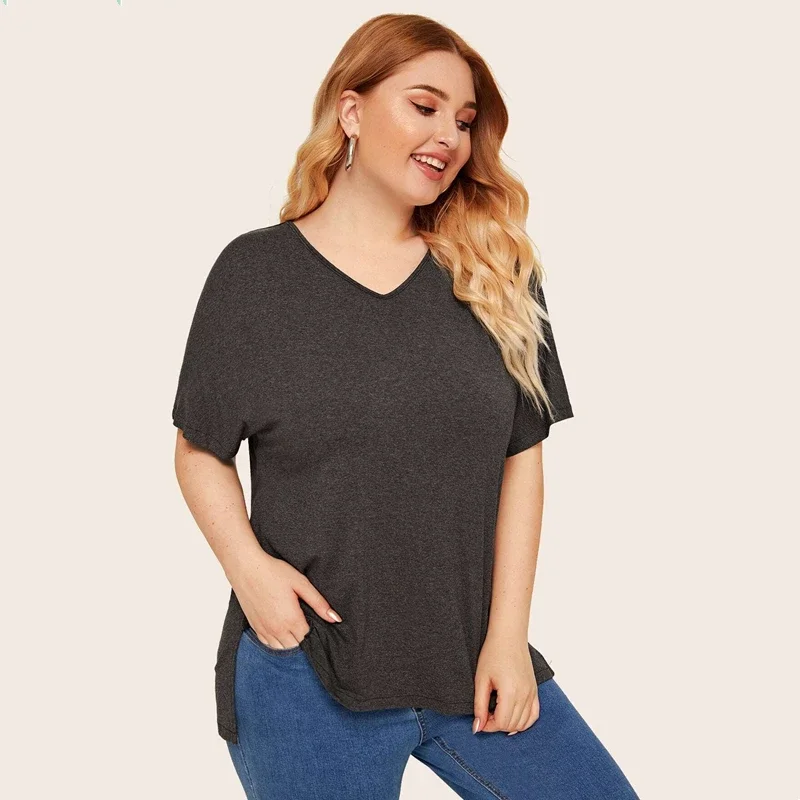 Plus Size Casual T-shirt Women Short Sleeve Asymmetrical Hi Low Top Color Blocked Back Summer T-shirt Large Size 5XL 6XL 7XL 8X