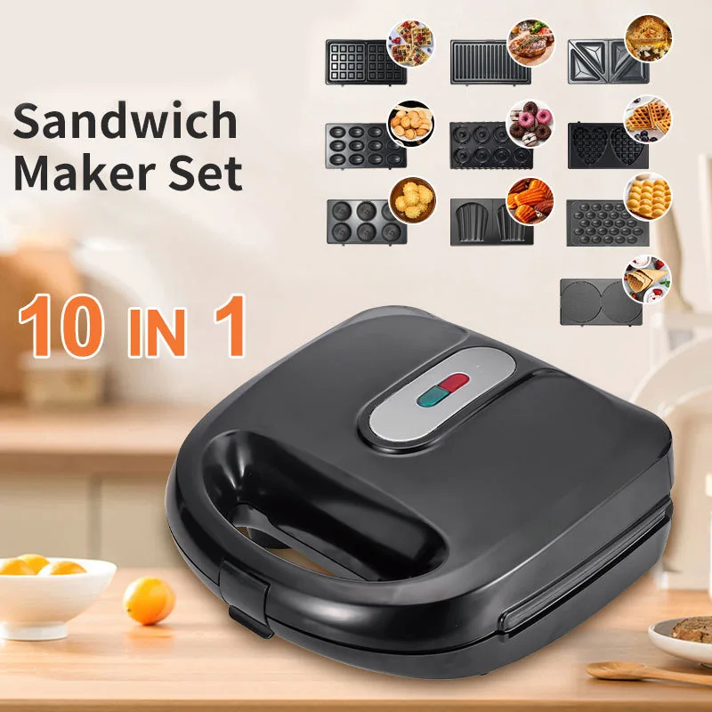 

750W Waffle Maker 10 in 1 Removable Breakfast Maker Sandwich Cake Nut Donuts Homemade DIY Potluck Party Chassis Heated
