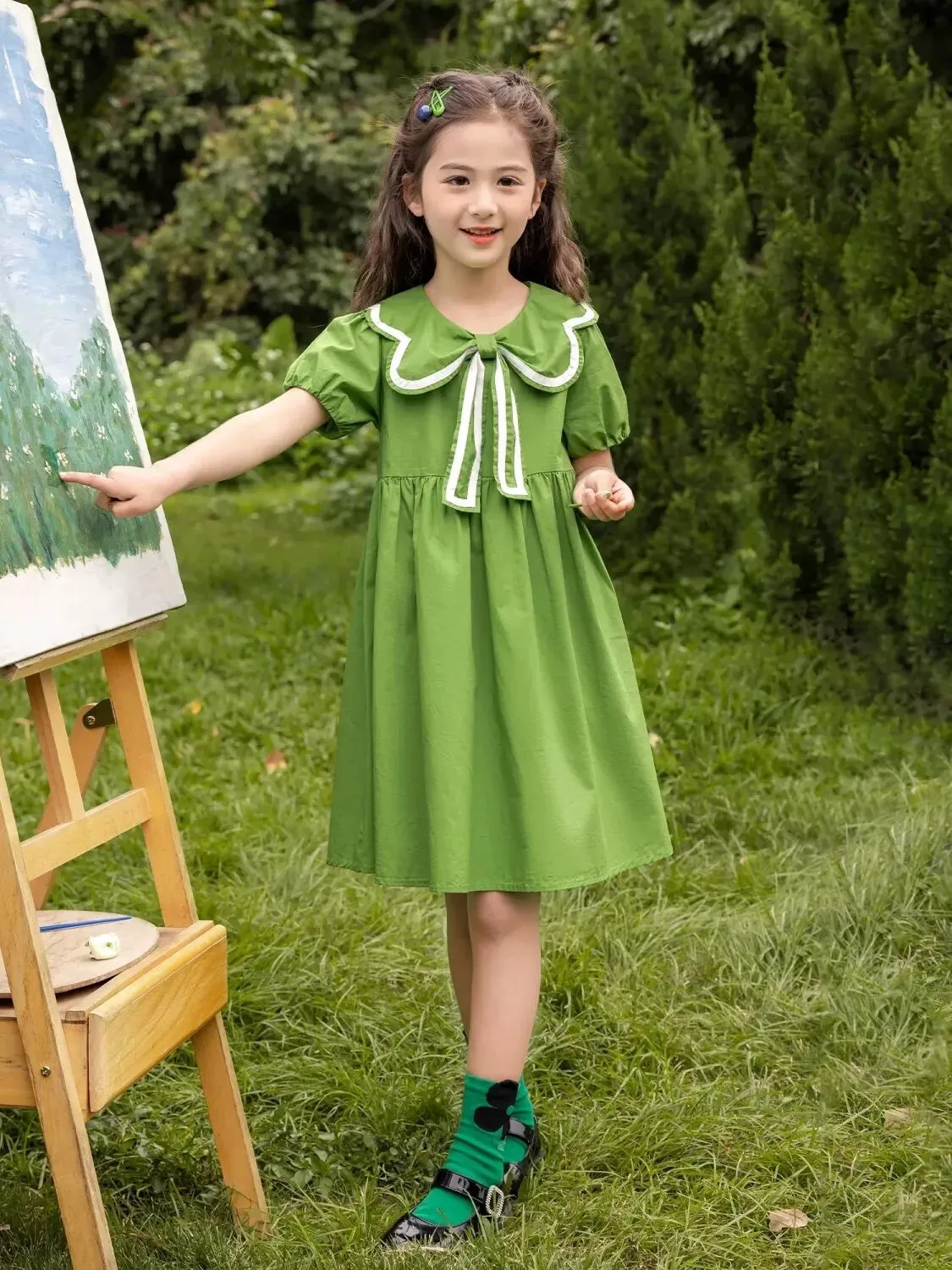 3-12Y Girls Summer Dress 2023 New Bubble Sleeve Teenage Girls\' Summer Dress Bow Neck Little Girl Baby Princess Dress