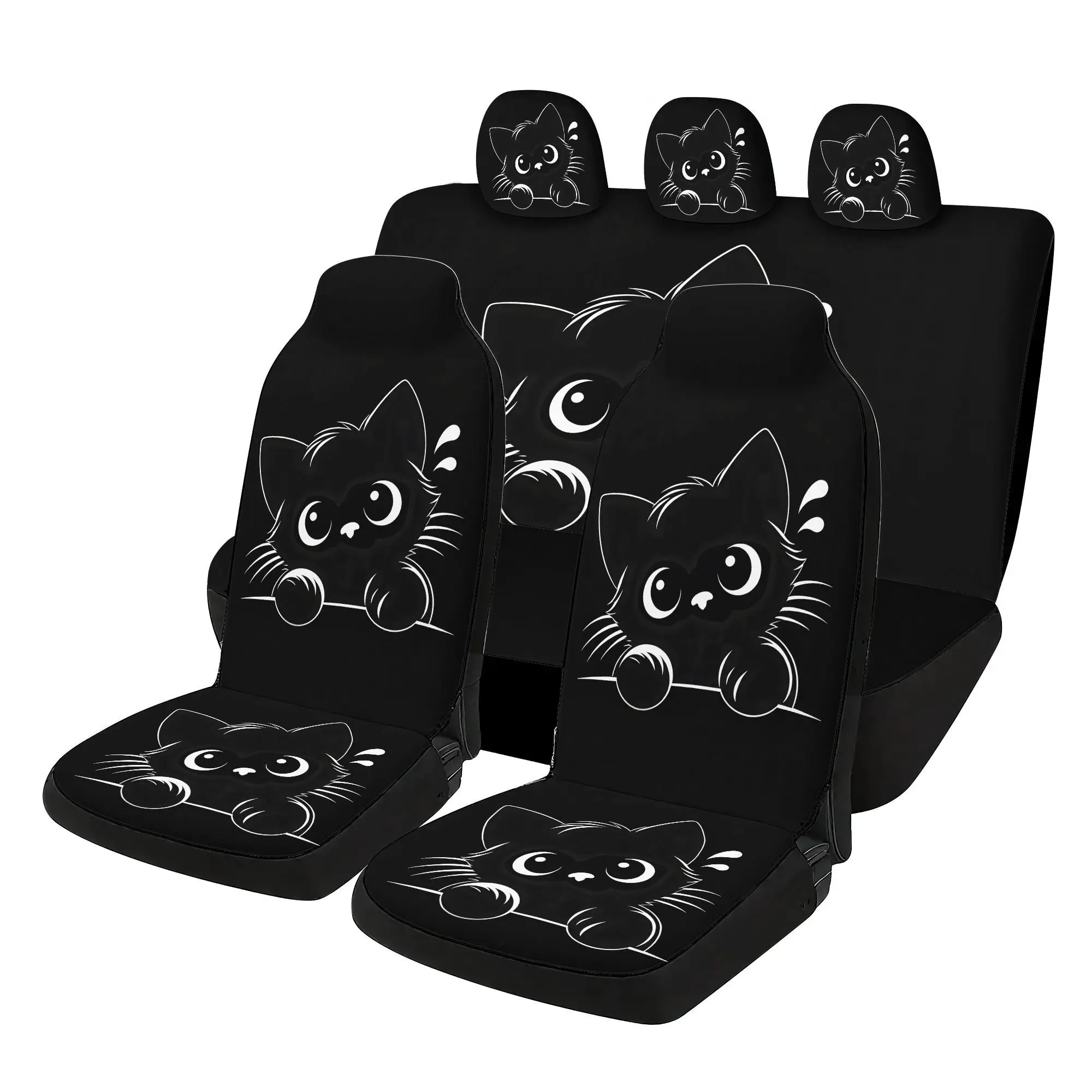 7pcs Black And White Cat Print Car Seat Cover Set Includes: 2 Front Seat Covers, 1 Rear Seat Back Cover, 1 Rear Seat Cushion Cov