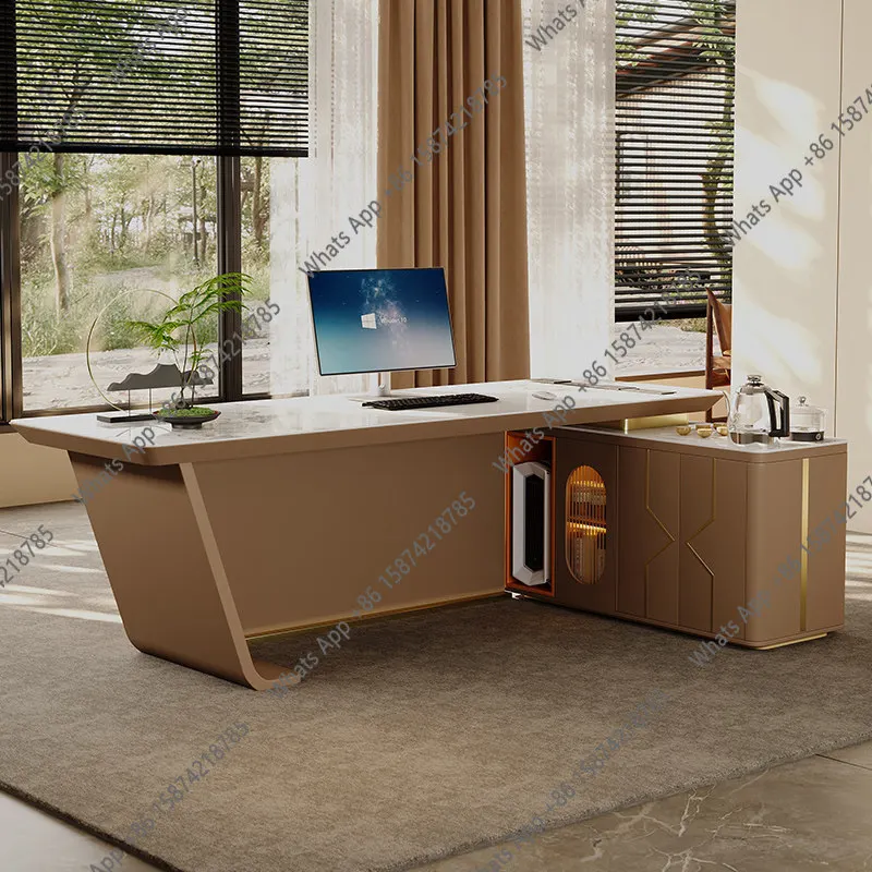 New light luxury desk high-end rock slab book table and chair combination boss table corner storage office