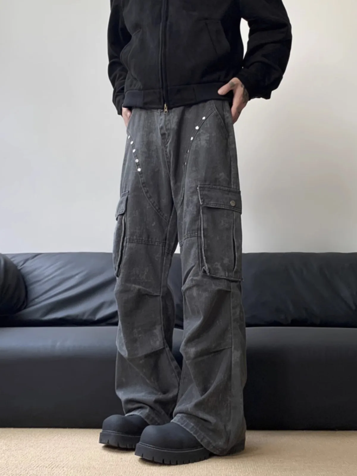 

Men's Casual Straight Leg Work Pants 2024 Autumn Season Slimming Long Trousers with k Marble Pattern Rivet Faionable And...