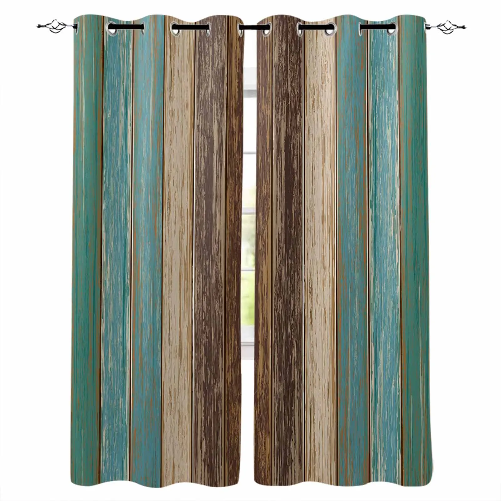 Green Retro Wood Grain Curtains for Living Room Window Decoration Curtains in Home Kitchen Luxury Bedroom Drapes