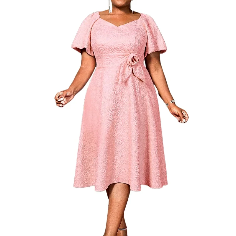 

Plus Size Elegant Pink Jacquard Midi Dress with Puff Sleeves A Line Slim Fit V Neck Waist 3D Flower Fit for Party Bridal Showers