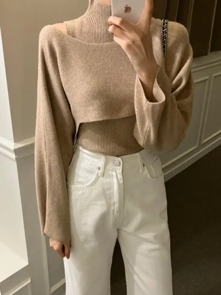 Winter Korean Fashion Interior Sleeveless Tank Top Stacked Two Piece Set New Solid Color Women Long Sleeve High Collar Sweater