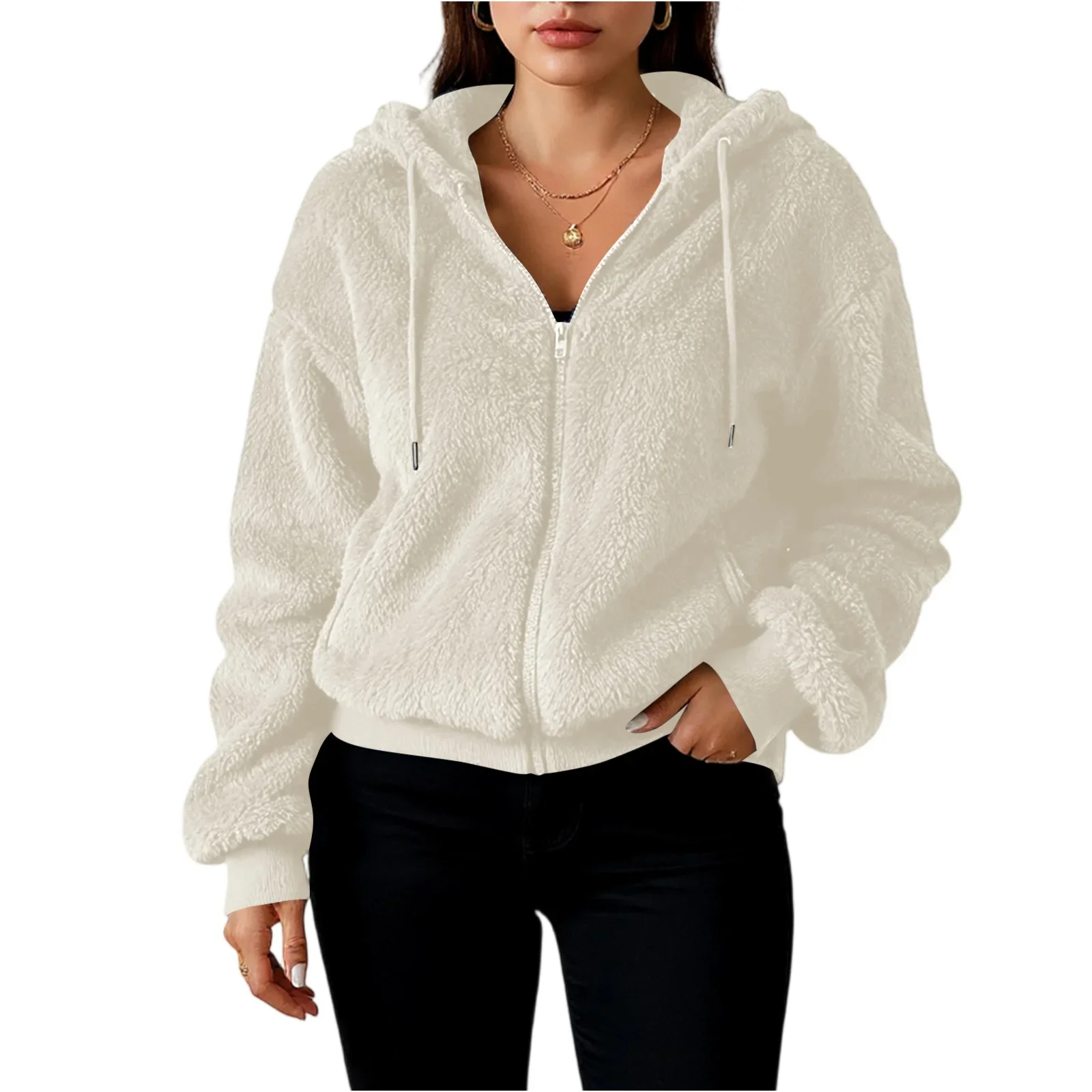 

Solid Color Plush Jacket Comfortable Fleece Hooded Sweatshirt Outerwear Women's Loose Winter Long Sleeve Cardigan Zipper