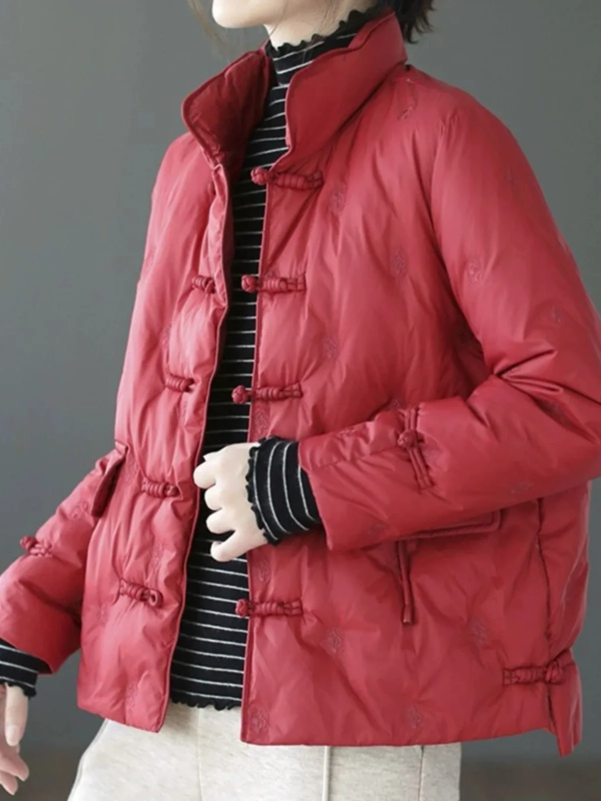 

Легкое тонкое хлопковое пуховое пальто с вышивкой, женское пальто с воротником-стойкой, теплое художественное пальто Long Sve, стандартный крой