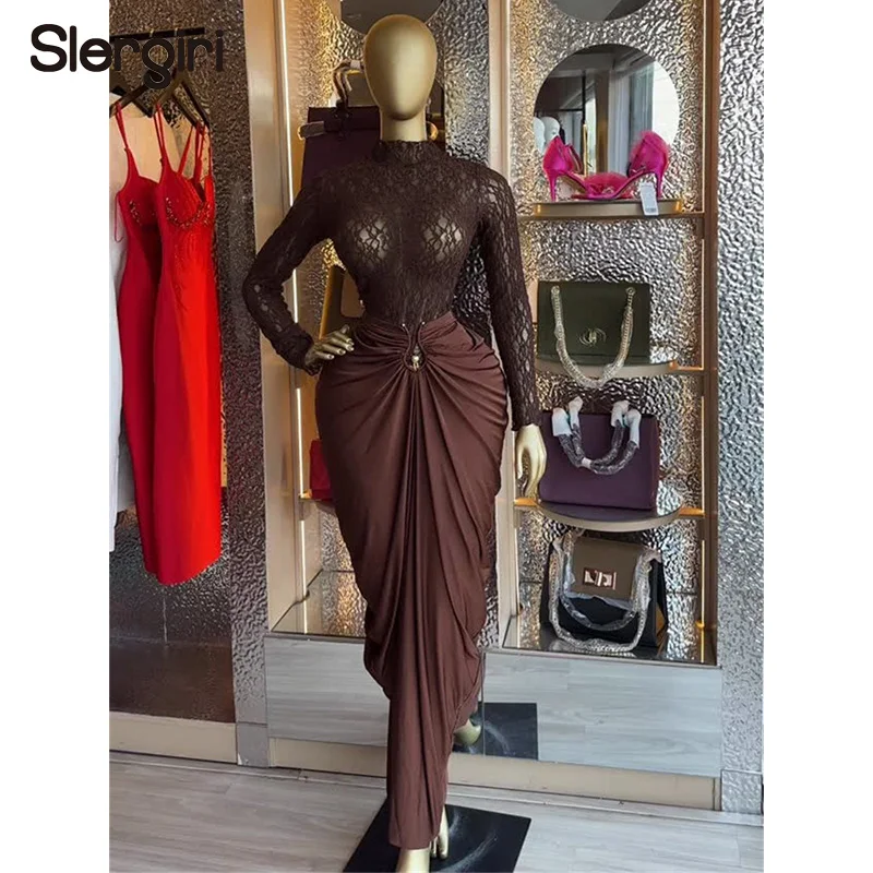 

Slergiri Elegant 2 Pieces Set for Woman Fashion New 2026 Spring Summer Mock Neck Long Sleeve Mesh Top + Long Skirt Women Outfit