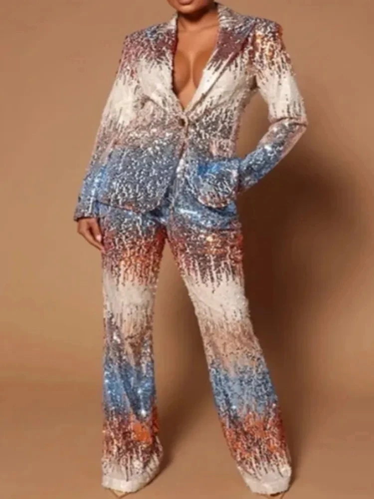 

Sequin Pants and Blazer Set Women Luxurious 2 Pieces Sets Autumn Long Sleeve Blazer Coat High Waist Wide Leg Pants Suits Female