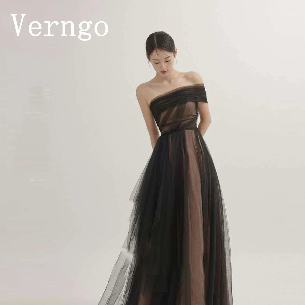 Verngo Black Tulle Prom Gown Simple A Line Evening Dress 2024 Women One Shoulder Party Dress Korea Prom Dress