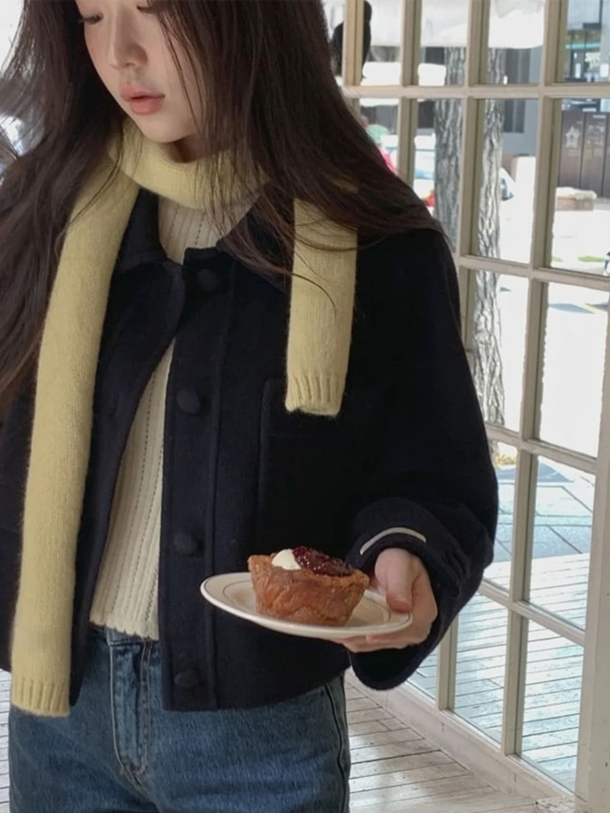 

ort Korean Sle Women's Coat Woolen Jaet Lapel Single Button Versatile Winter Outerwear Thiened Long Sve Pure Color