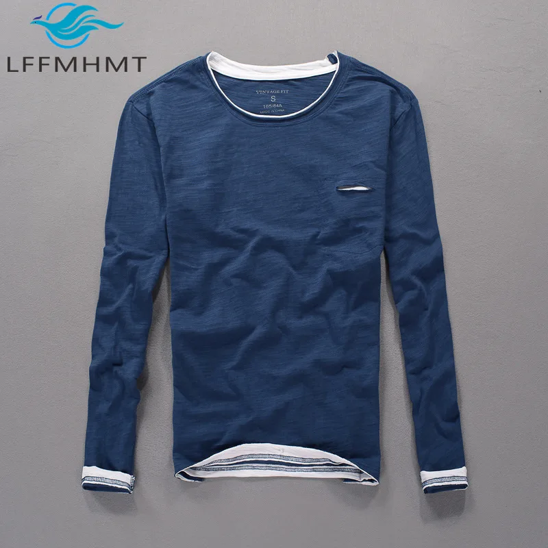 Ct6009 100% Slub Baumwolle gefälschte zweiteilige T-Shirt für Männer hochwertige bequeme japanische Stil Langarm lässig lose schlanke T-Shirts