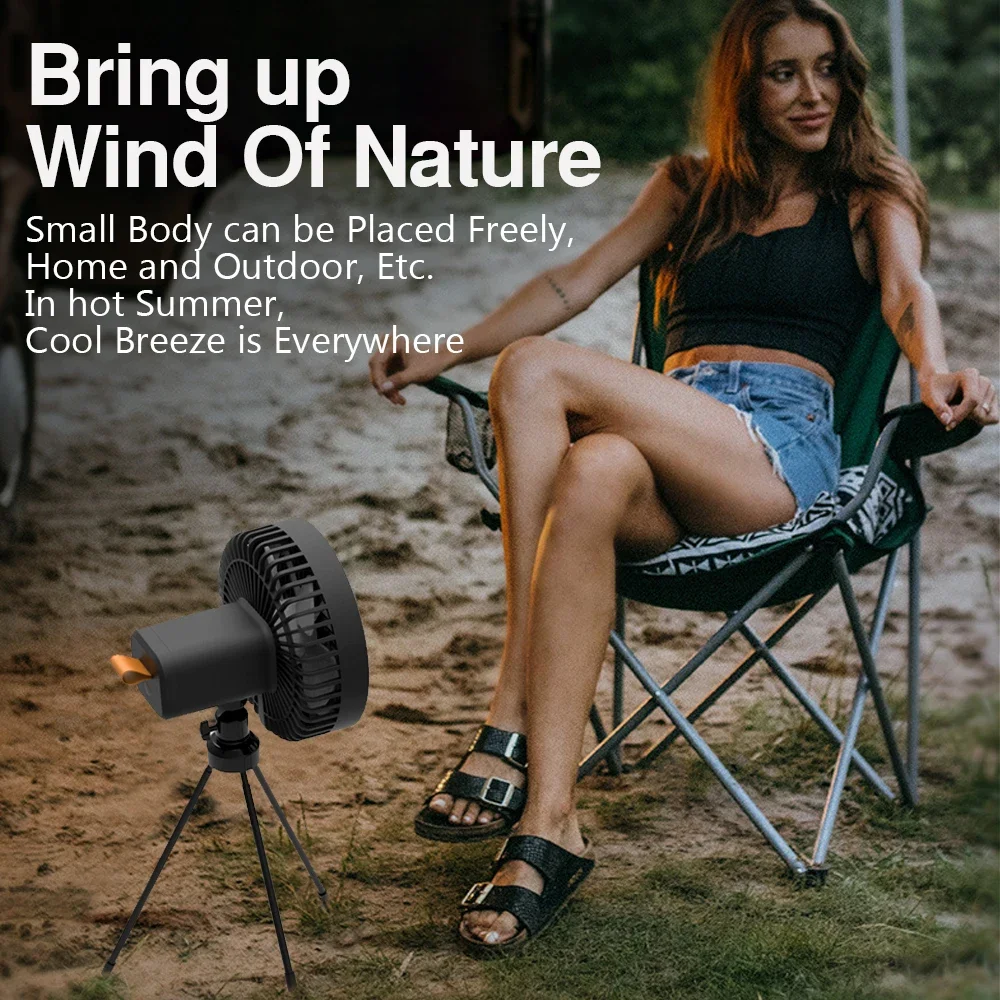 Multifunction Portable Electric Camping Fan Rechargeable Desktop Tripod Stand Cooling Ceiling Fan with LED for Outdoor Traveling