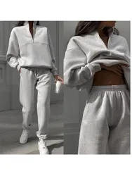 Athleisure Two Piece Set For Woman Versatile Solid Color Casual Stand Up Collar Zipper Sportswear Hoodie High Waisted Pants Set