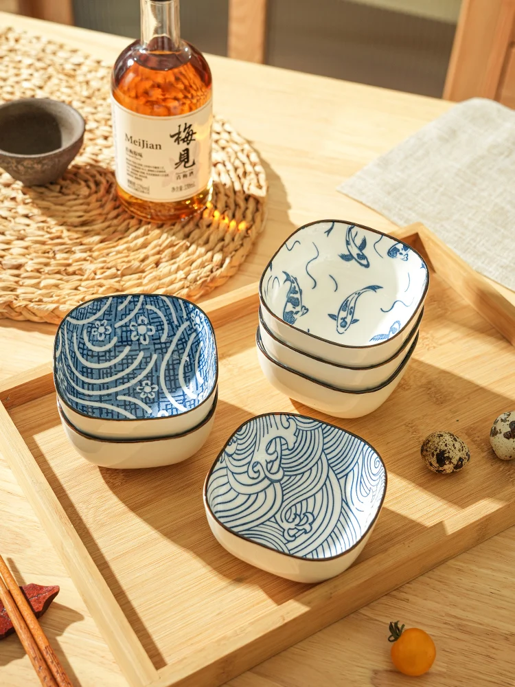 Japanese Ceramic Square Dip Bowl Household Printing Soy Sauce Plate Snacks Fruit Plate Cheese Dipping Sauce Dish