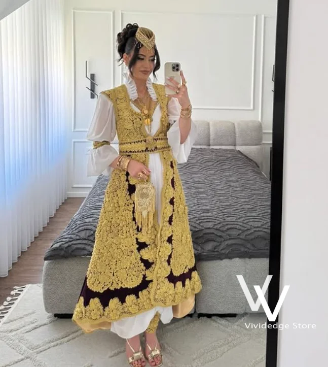 Maßgeschneiderte Albanische Formelle Abendkleider V-Ausschnitt Kakula Set Luxus-Partykleid Gold Spitze Stickerei A-Linie Kaftan Ballkleid
