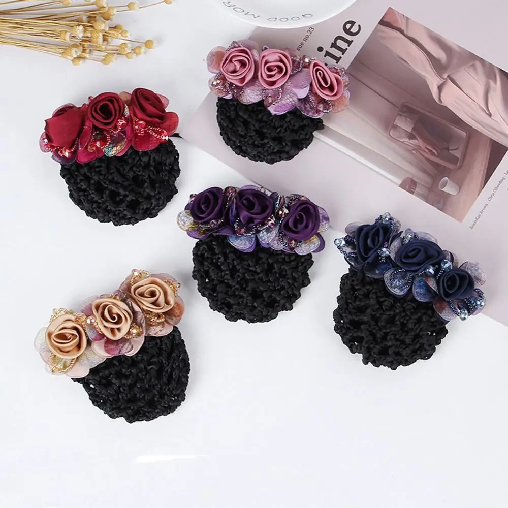 Style Beaded For Flight Attendant Barrettes For Nurses Mesh Floral Zircon Flower Bun Snood Crystal Hairnet Cover Women Bun Net