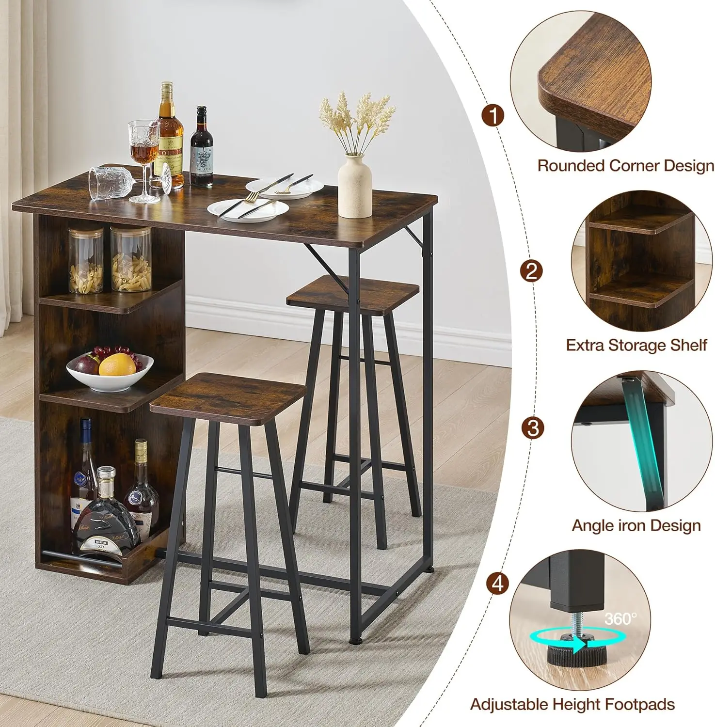 Bar Table And Chairs Set Of 2 Kitchen Dining Table Set With Storage Shelves 3 Piece Counter Height Small Dining Table Set