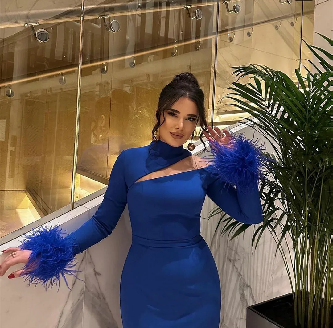 Vestidos de noite longos de crepe azul personalizados com bainha de penas فسات örtaté o chão vestido de baile para mulheres