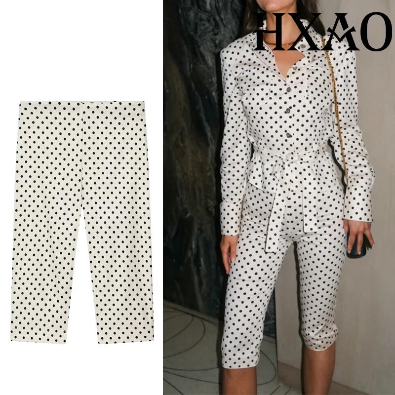 HXAO 2026 Polka Dot Women's Pants Spring Summer Tight Capri Pants For Women Fashion Mid-Rise Black White Woman Fluid Pants Set